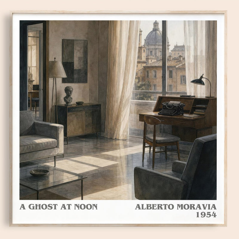 A Ghost at Noon literary book poster by Alberto Moravia – framed literary art print