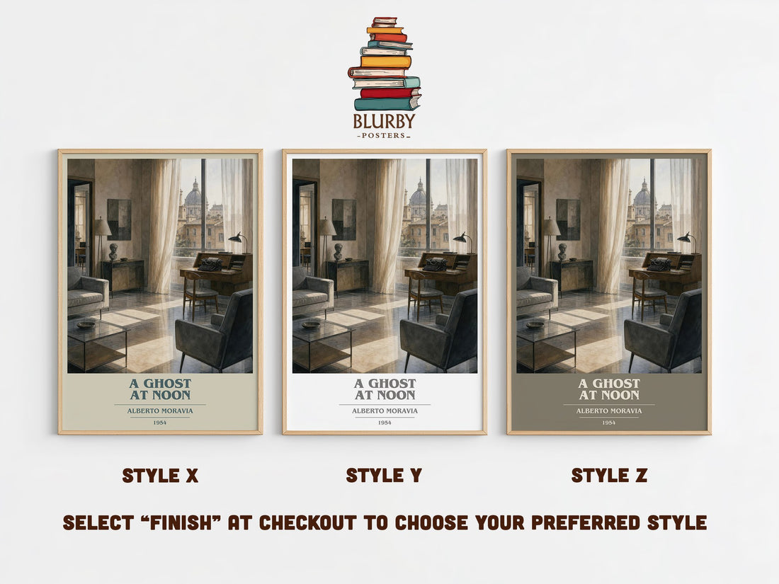 A Ghost at Noon book cover print in frame leaning in hallway – literary fiction wall art (mockup)
