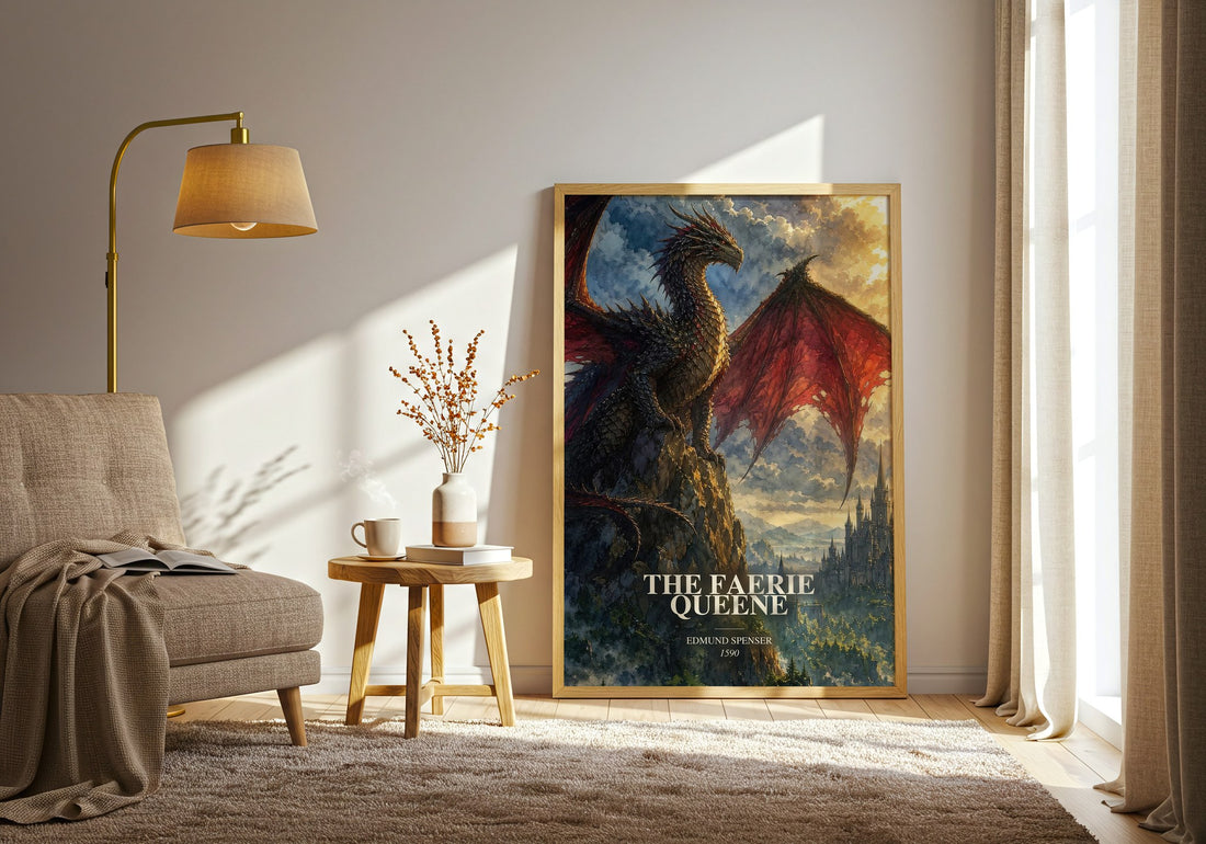 The Faerie Queene watercolour print in frame leaning in hallway – poetry wall art