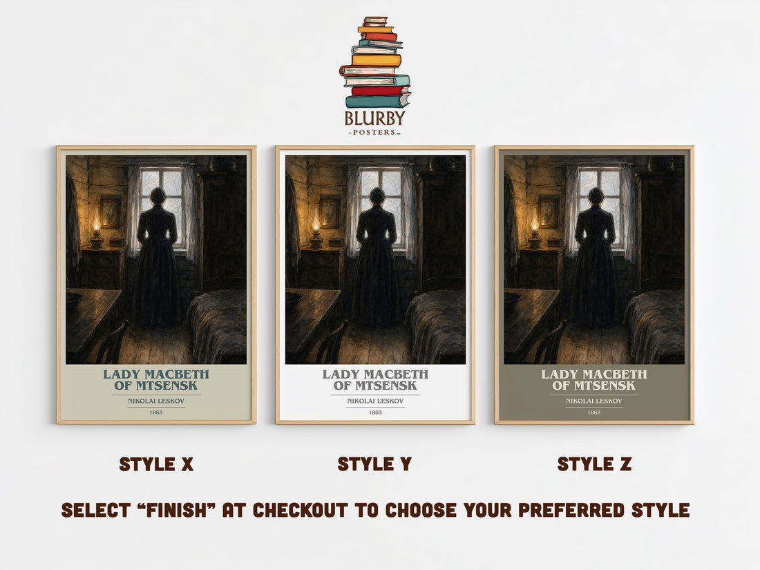 Lady Macbeth Of Mtsensk book cover print in frame leaning in hallway – literary fiction wall art (mockup)