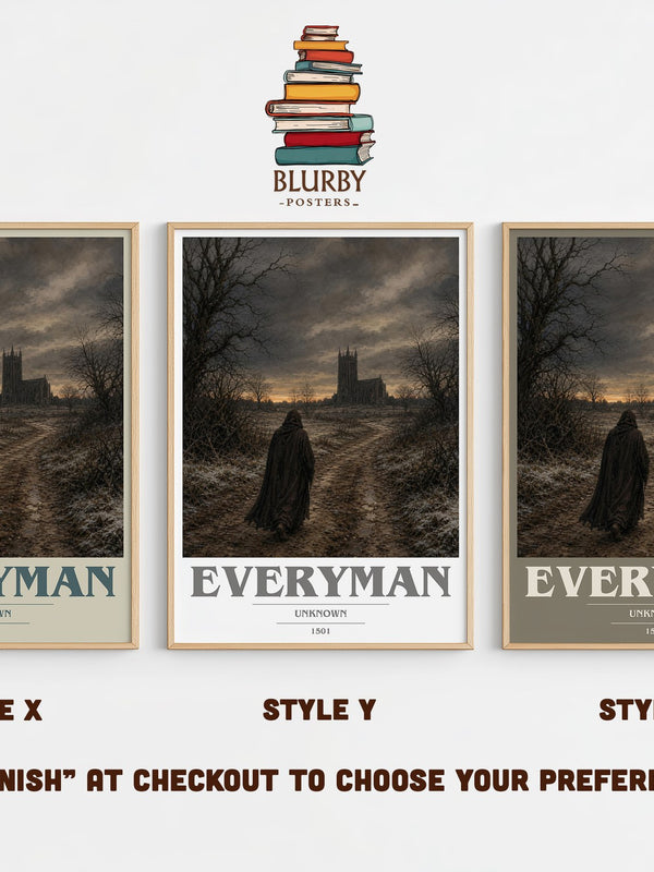 Everyman book cover print in frame leaning in hallway – classic literature wall art
