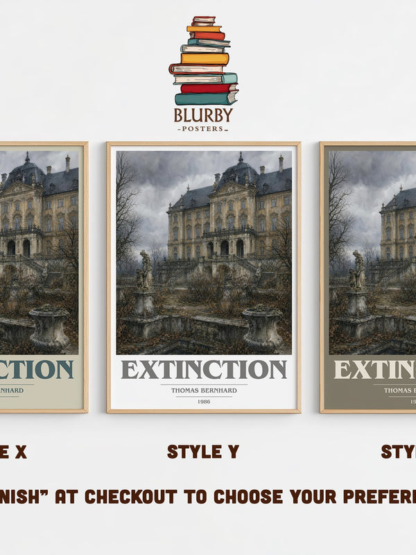 Extinction book cover print in frame leaning in hallway – literary fiction wall art
