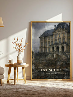 Extinction watercolour print in frame leaning in hallway – literary fiction wall art