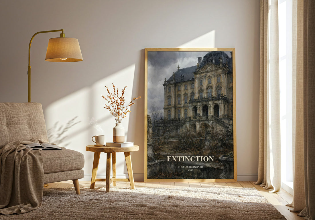 Extinction watercolour print in frame leaning in hallway – literary fiction wall art