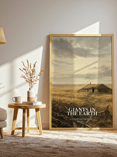 Giants in the Earth watercolour print in frame leaning in hallway – historical fiction wall art