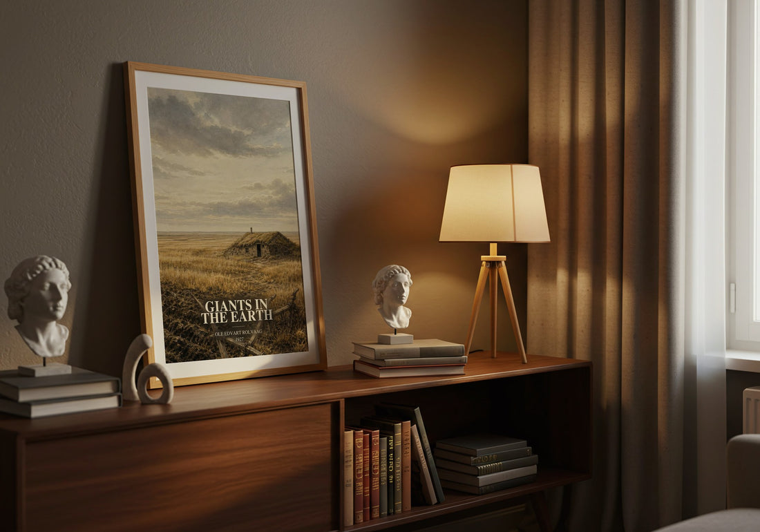Giants in the Earth watercolour print on bookshelf – Ole Edvart Rolvaag fan gift