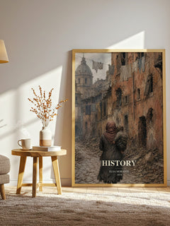 History watercolour print in frame leaning in hallway – historical fiction wall art