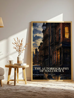 The Autobiography of Malcolm X watercolour print in frame leaning in hallway – memoir wall art