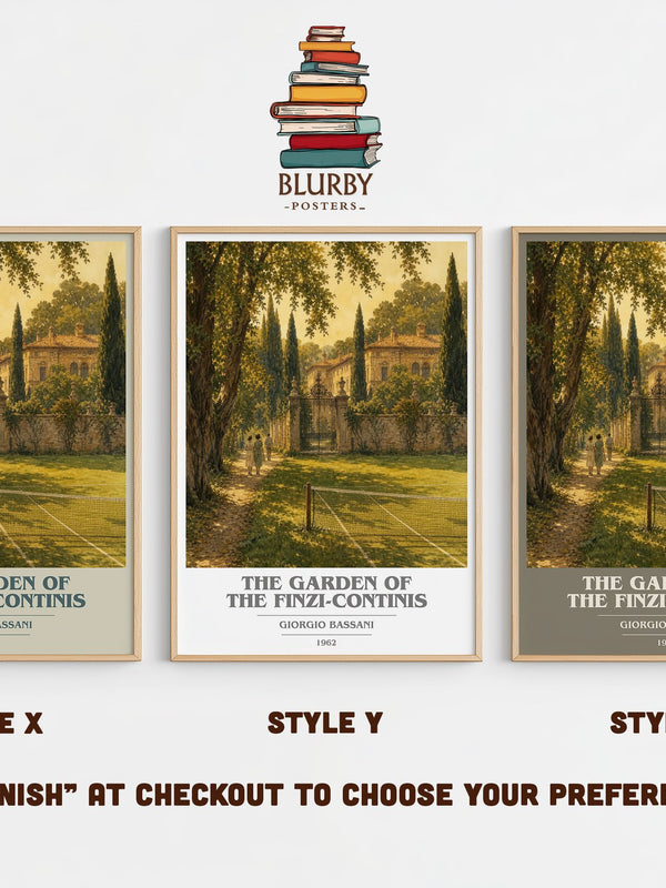 The Garden of the Finzi-Continis book cover print in frame leaning in hallway – historical fiction wall art