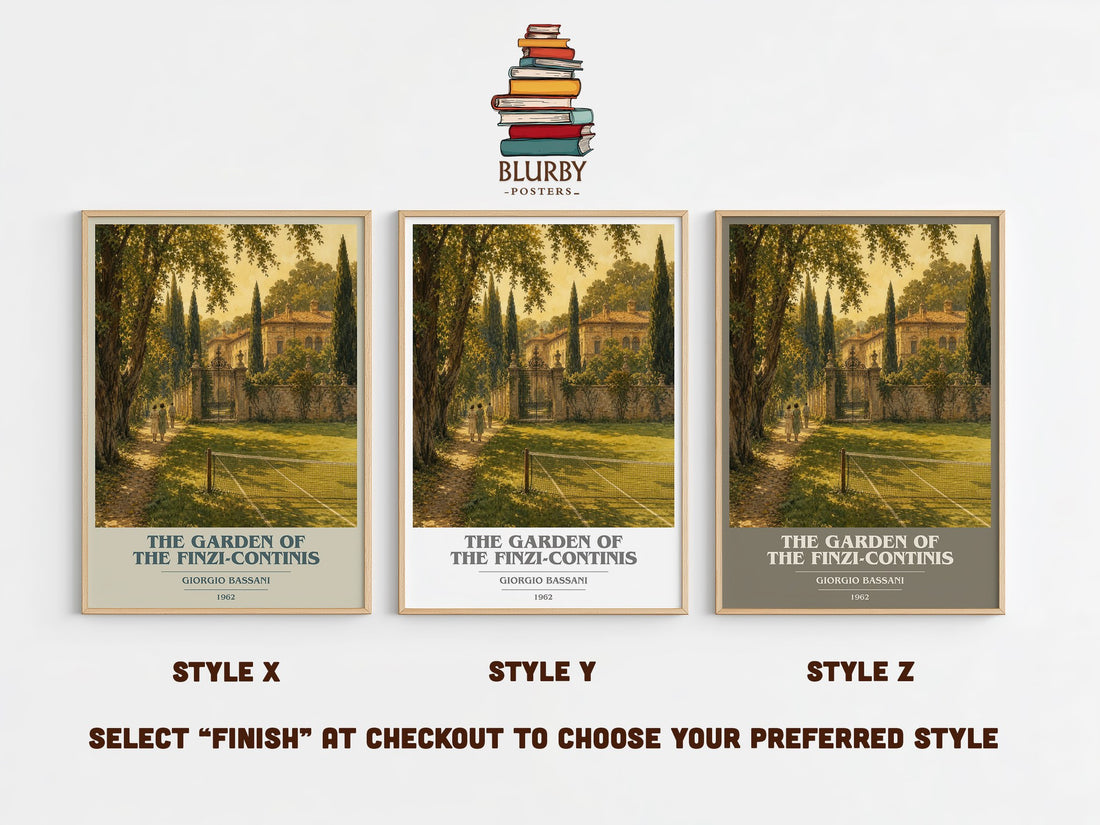 The Garden of the Finzi-Continis book cover print in frame leaning in hallway – historical fiction wall art (mockup)