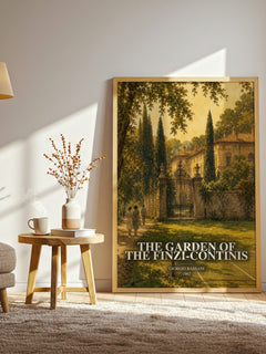 The Garden of the Finzi-Continis watercolour print in frame leaning in hallway – historical fiction wall art