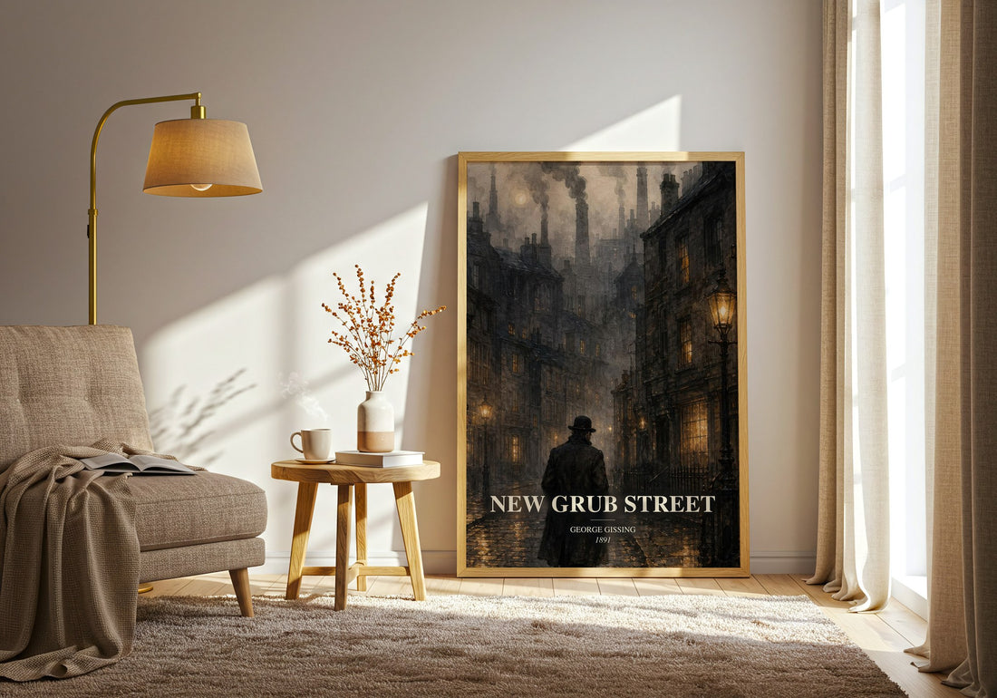 New Grub Street watercolour print in frame leaning in hallway – literary fiction wall art