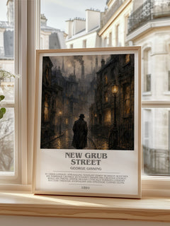 New Grub Street bookish print in frame leaning in hallway – literary fiction wall art