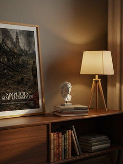 Simplicius Simplicissimus watercolour print on bookshelf – Hans Jakob Christoffel von Grimmelshausen fan gift