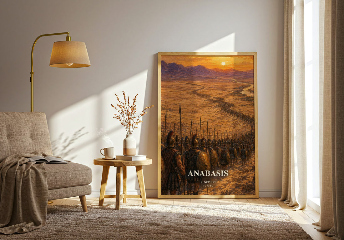 Anabasis watercolour print in frame leaning in hallway – non fiction wall art