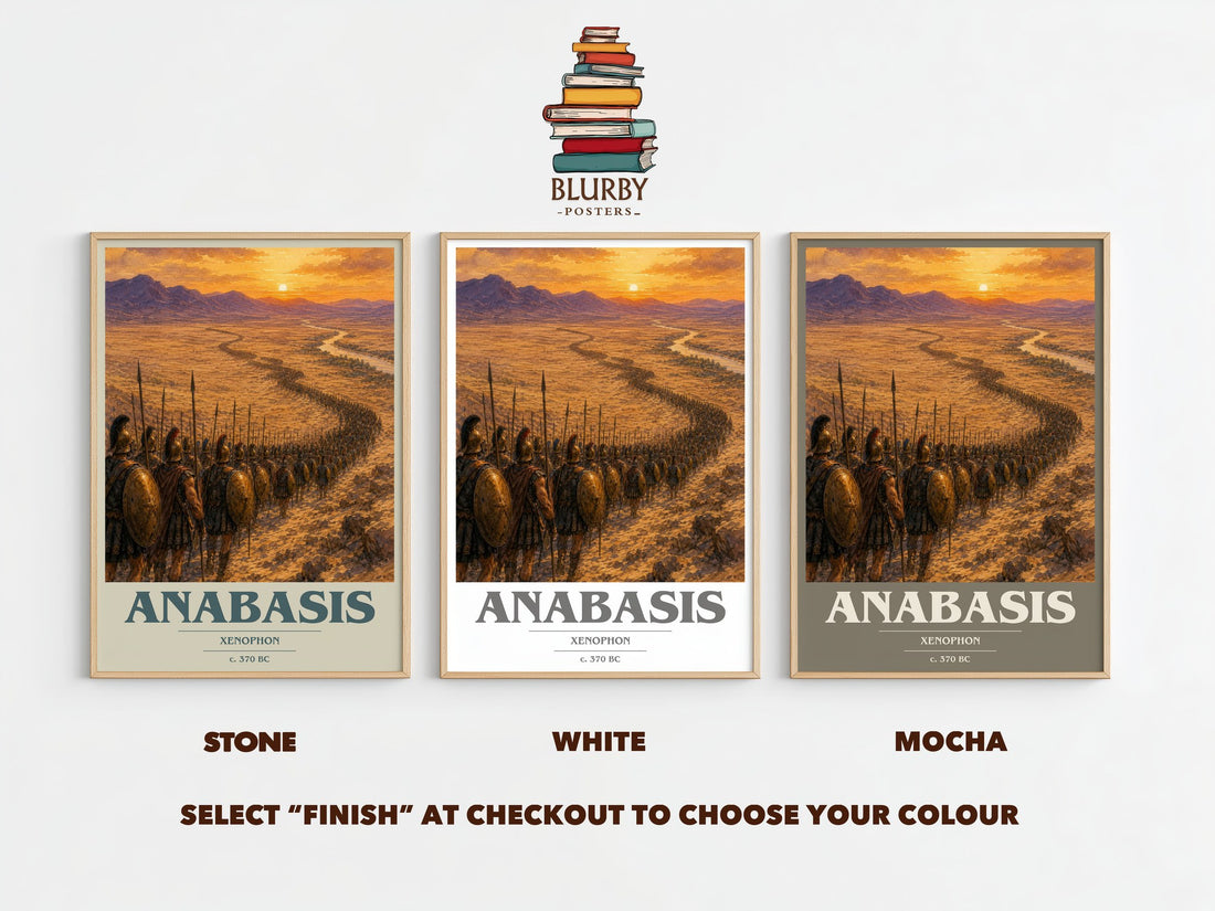 Anabasis book cover print framed by window – Stone, White and Mocha side by side – choose your colour