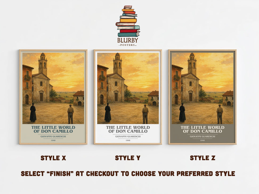 The Little World Of Don Camillo book cover print in frame leaning in hallway – literary fiction wall art (mockup)