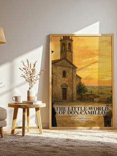 The Little World Of Don Camillo watercolour print in frame leaning in hallway – literary fiction wall art