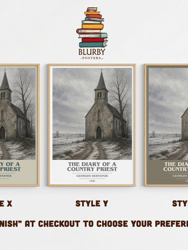 The Diary of a Country Priest book cover print in frame leaning in hallway – literary fiction wall art