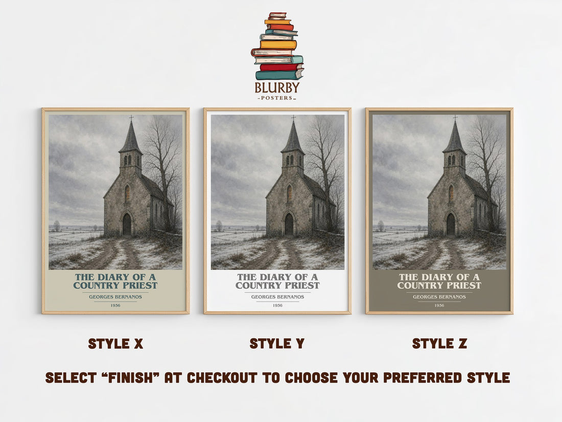The Diary of a Country Priest book cover print in frame leaning in hallway – literary fiction wall art (mockup)