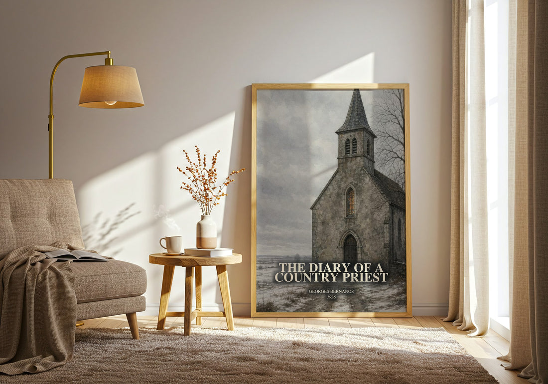 The Diary of a Country Priest watercolour print in frame leaning in hallway – literary fiction wall art