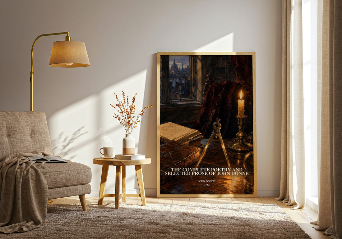 The Complete Poetry and Selected Prose of John Donne watercolour print in frame leaning in hallway – poetry wall art