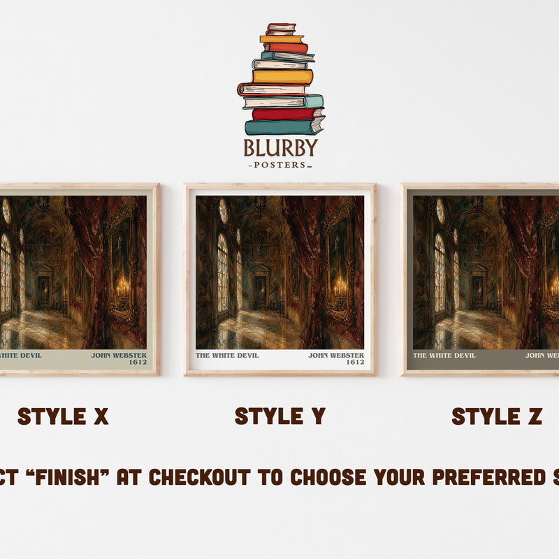 The White Devil literary print in frame leaning in hallway – classic literature wall art