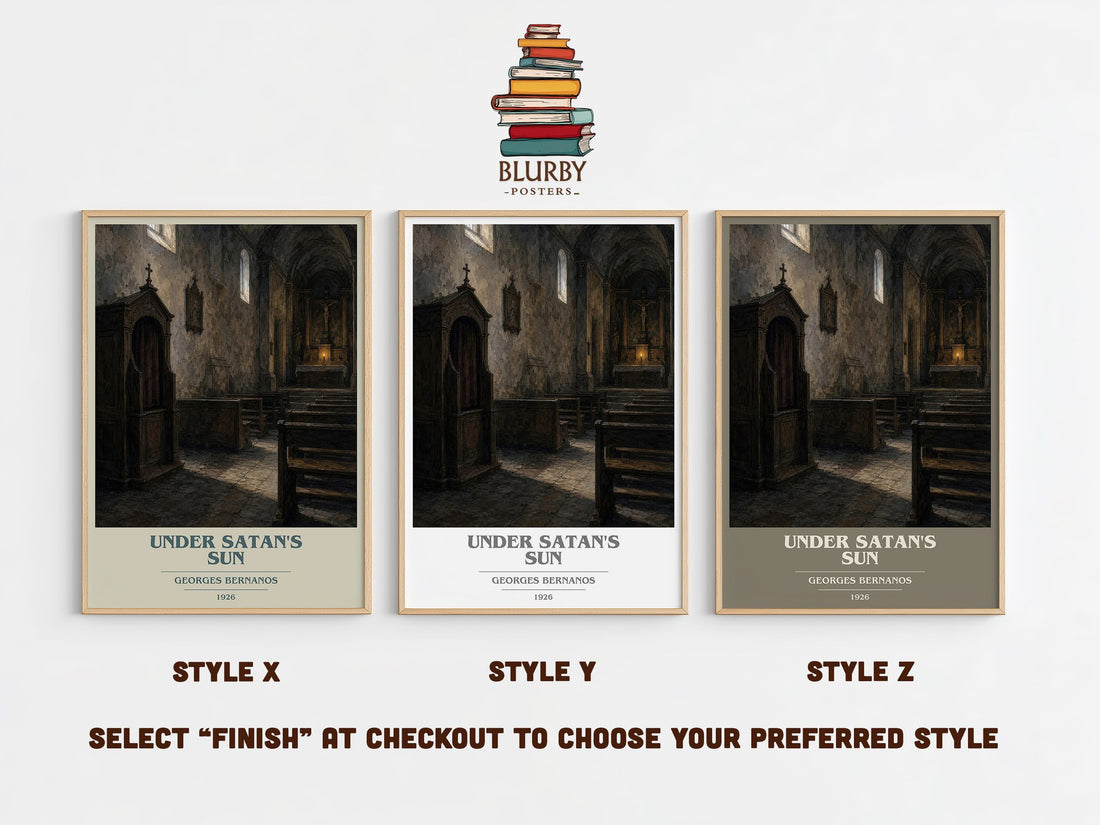 Under Satan's Sun book cover print in frame leaning in hallway – literary fiction wall art (mockup)