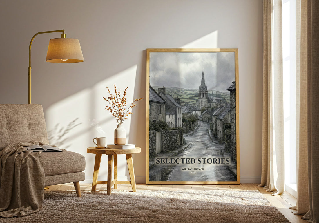 Selected Stories watercolour print in frame leaning in hallway – literary fiction wall art