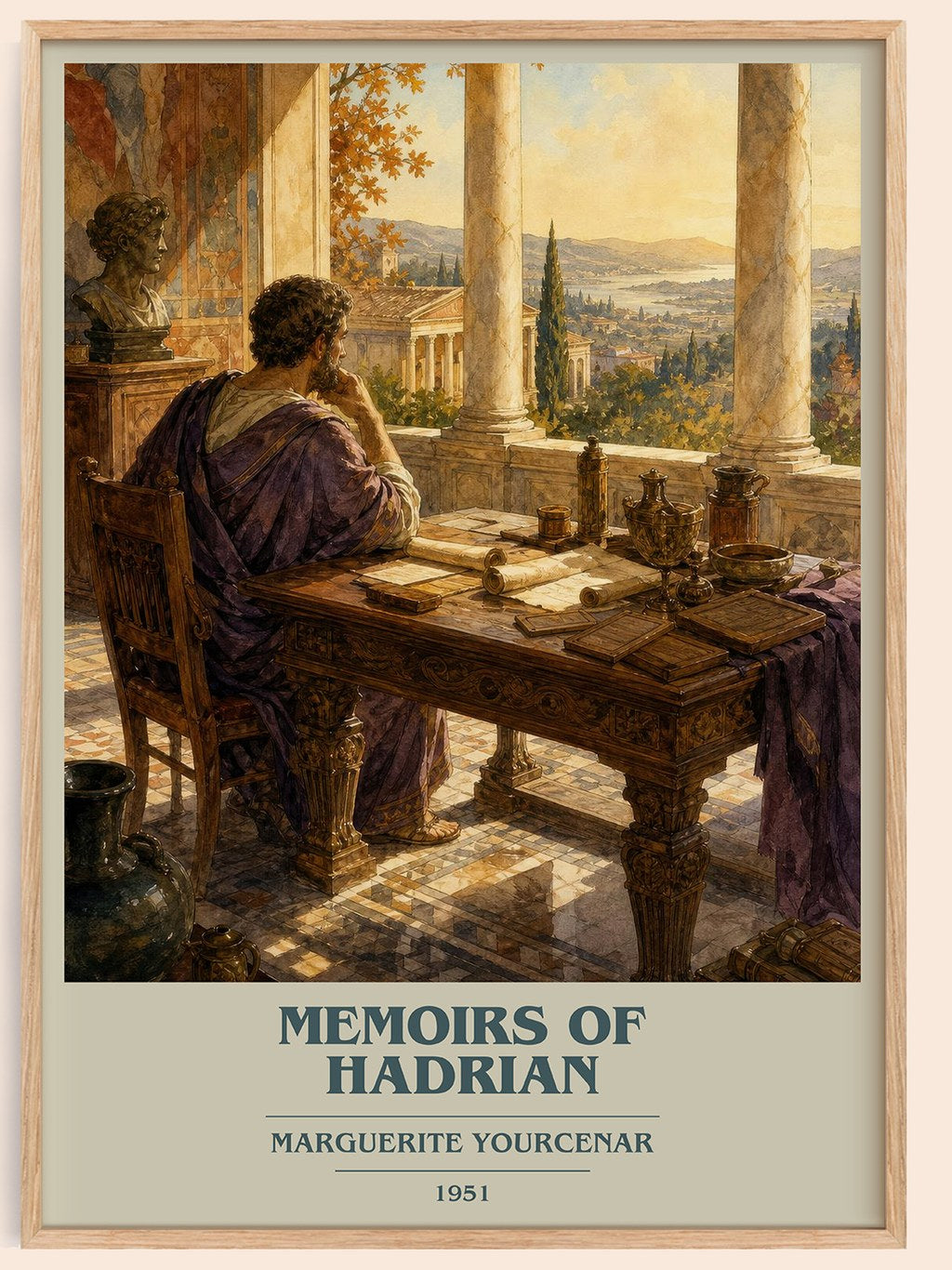 Memoirs of Hadrian book cover book poster by Marguerite Yourcenar – framed literary art print