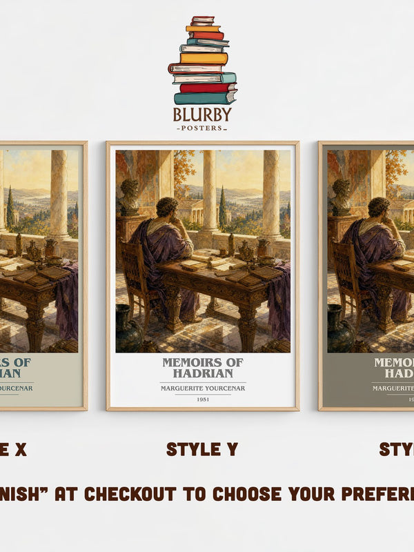 Memoirs of Hadrian book cover print in frame leaning in hallway – historical fiction wall art