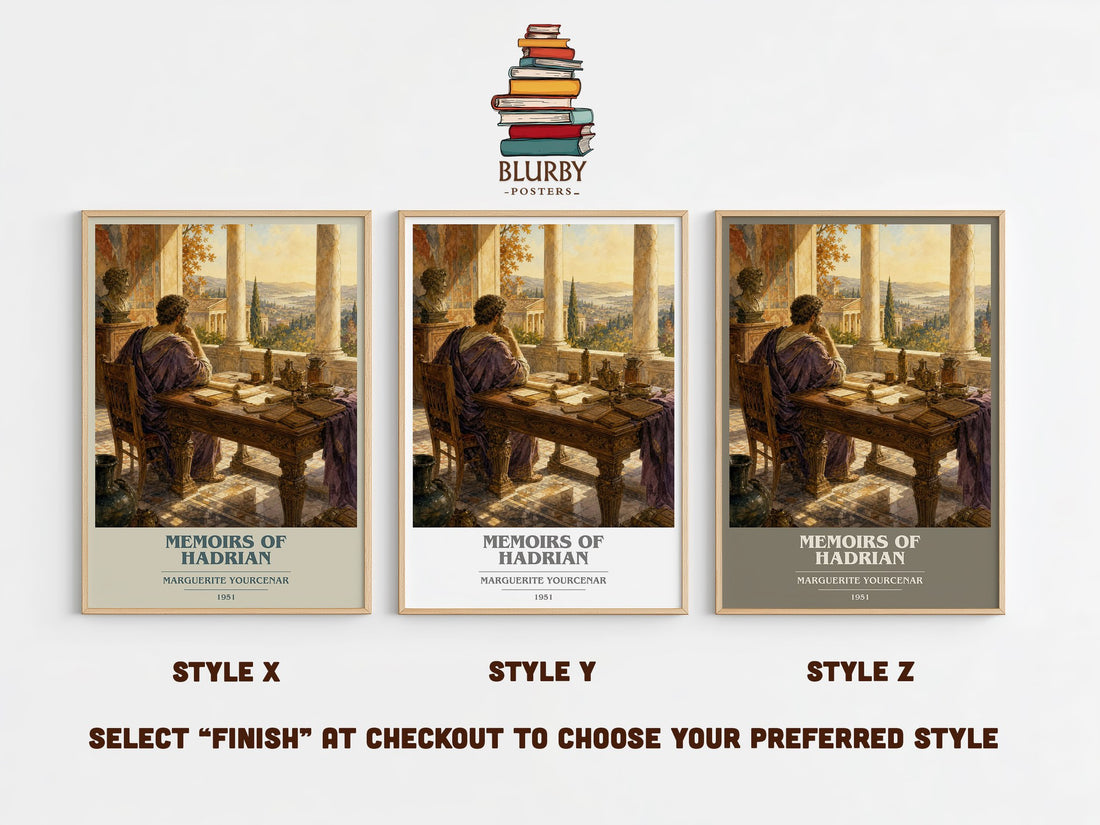 Memoirs of Hadrian book cover print in frame leaning in hallway – historical fiction wall art (mockup)
