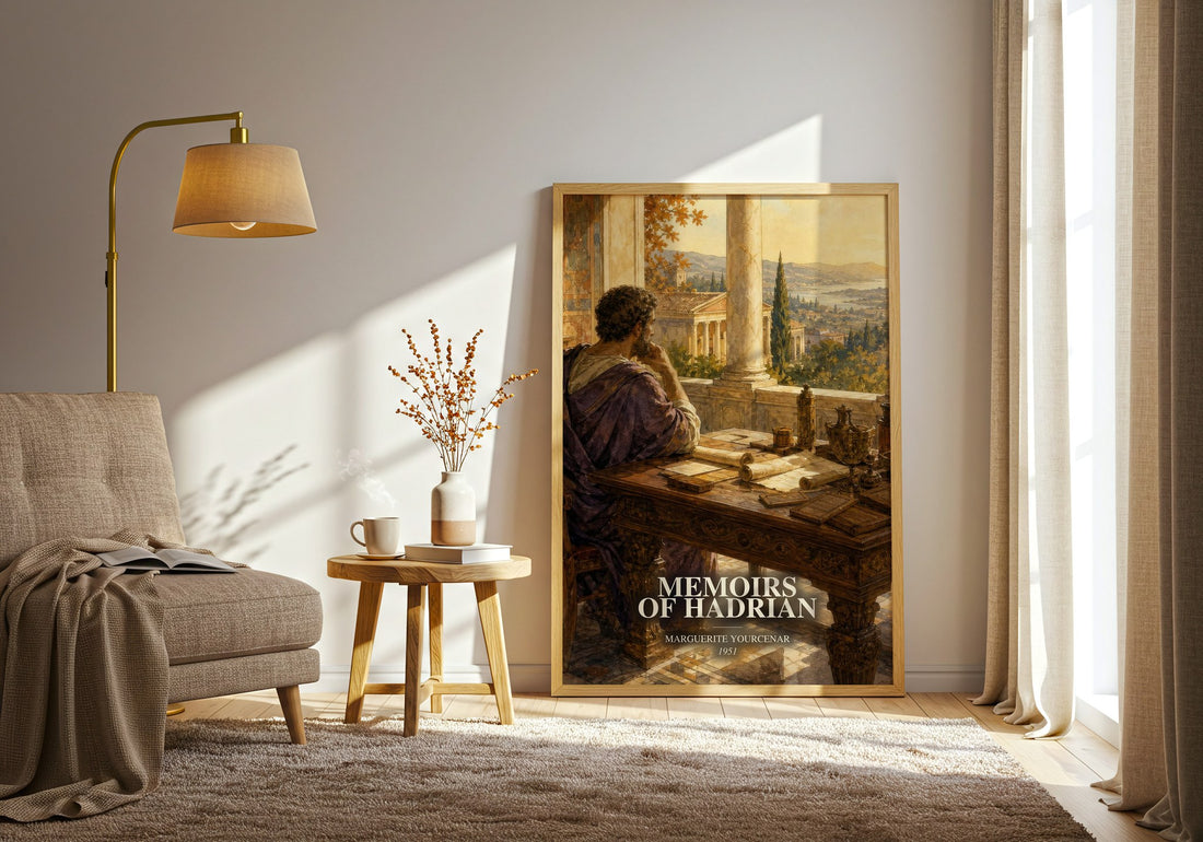 Memoirs of Hadrian watercolour print in frame leaning in hallway – historical fiction wall art