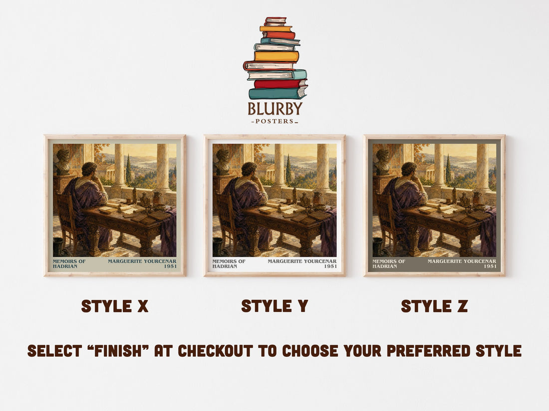 Memoirs of Hadrian literary print in frame leaning in hallway – historical fiction wall art (mockup)
