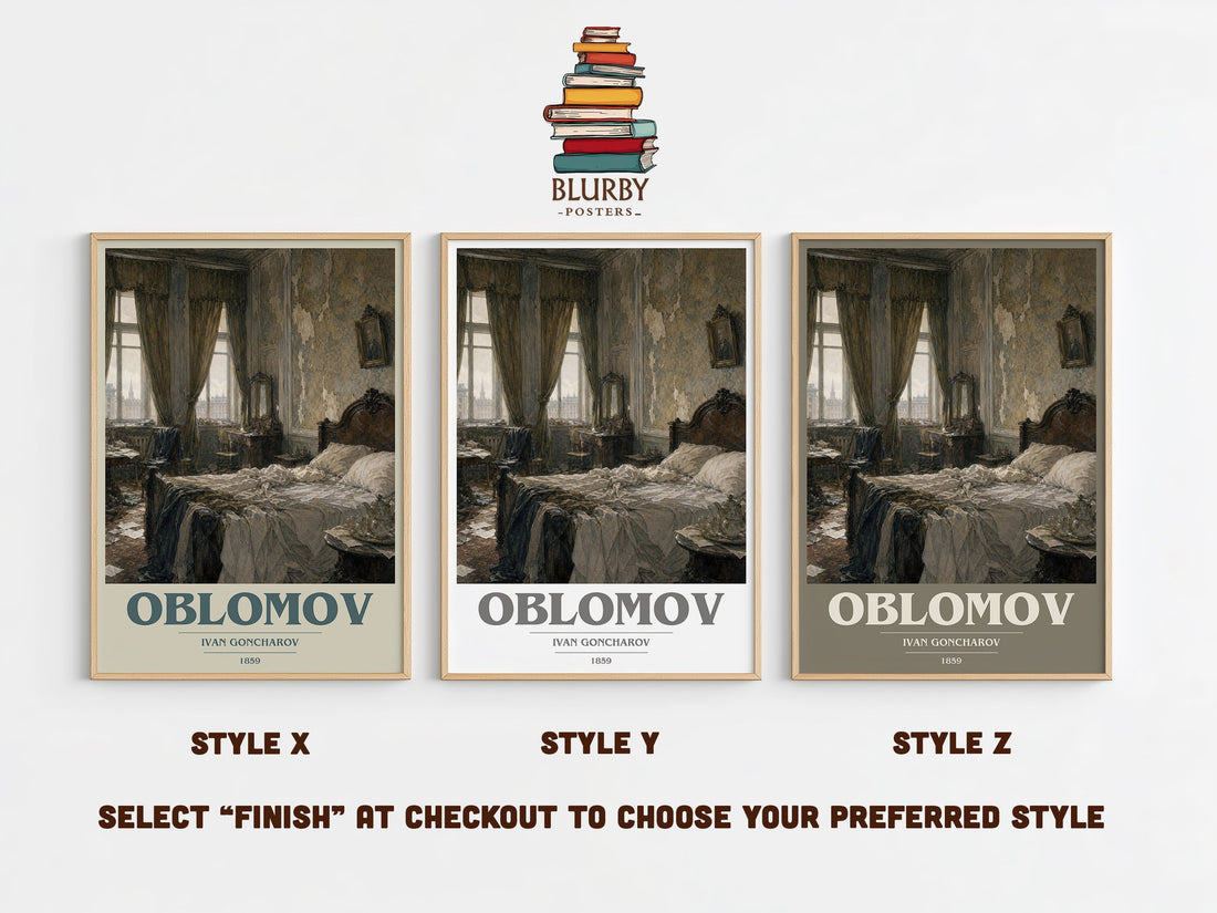 Oblomov book cover print in frame leaning in hallway – classic literature wall art (mockup)