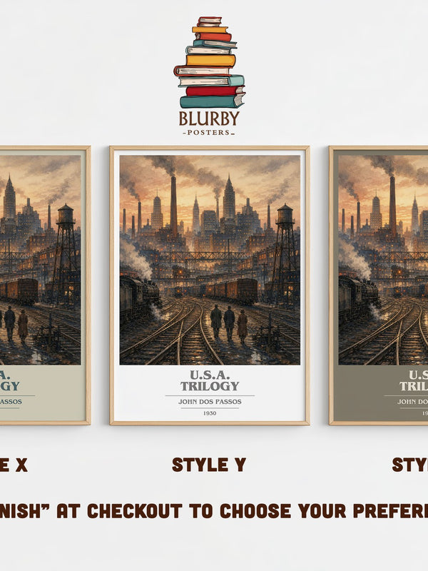 U.S.A. Trilogy book cover print in frame leaning in hallway – literary fiction wall art