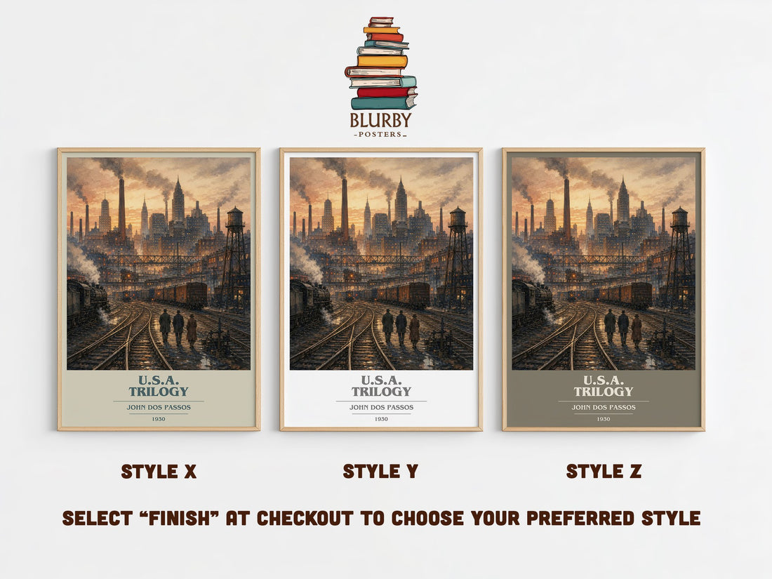 U.S.A. Trilogy book cover print in frame leaning in hallway – literary fiction wall art (mockup)