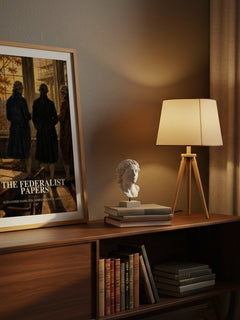 The Federalist Papers watercolour print on bookshelf – Alexander Hamilton, James Madison, John Jay fan gift