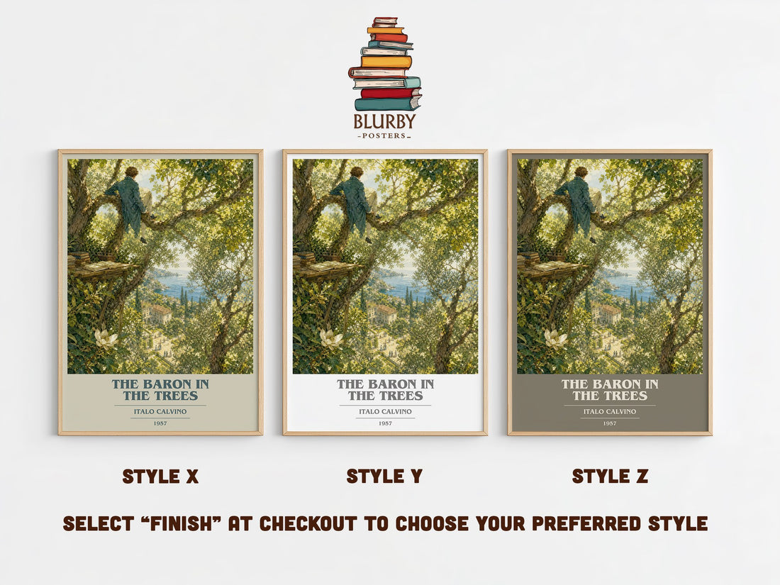The Baron in the Trees book cover print in frame leaning in hallway – literary fiction wall art (mockup)