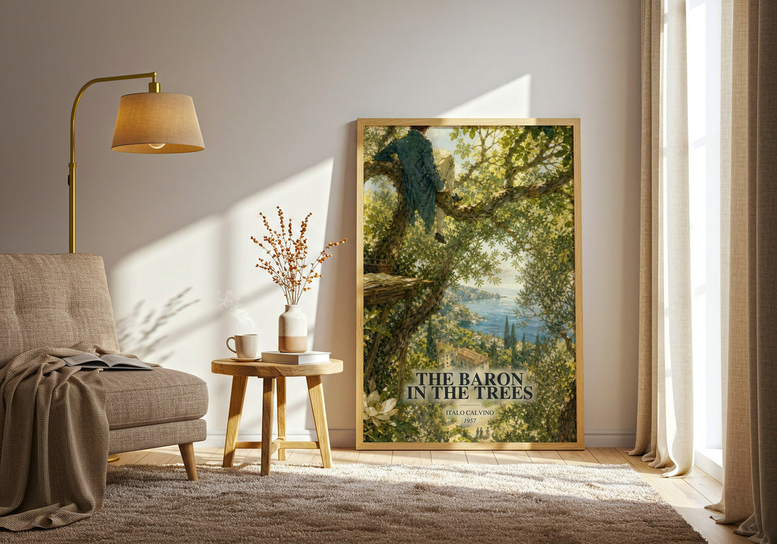 The Baron in the Trees watercolour print in frame leaning in hallway – literary fiction wall art