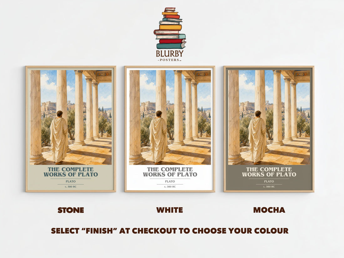 The Complete Works of Plato book cover print framed by window – Stone, White and Mocha side by side – choose your colour