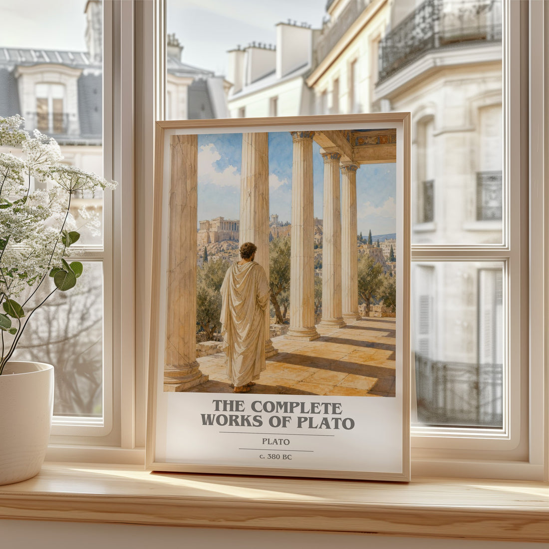 The Complete Works of Plato book cover print in frame leaning in hallway – philosophy wall art