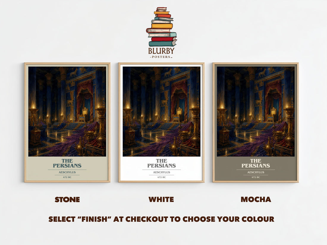 The Persians book cover print framed by window – Stone, White and Mocha side by side – choose your colour