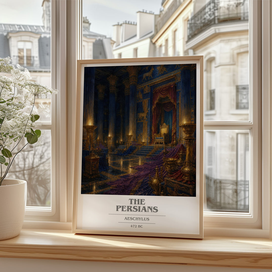 The Persians book cover print in frame leaning in hallway – classic literature wall art