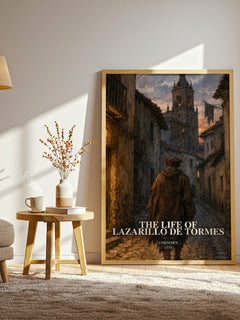 The Life of Lazarillo de Tormes watercolour print in frame leaning in hallway – classic literature wall art