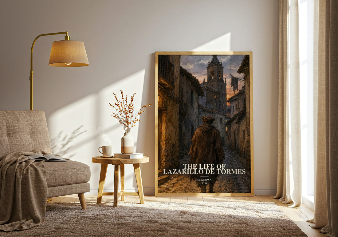 The Life of Lazarillo de Tormes watercolour print in frame leaning in hallway – classic literature wall art