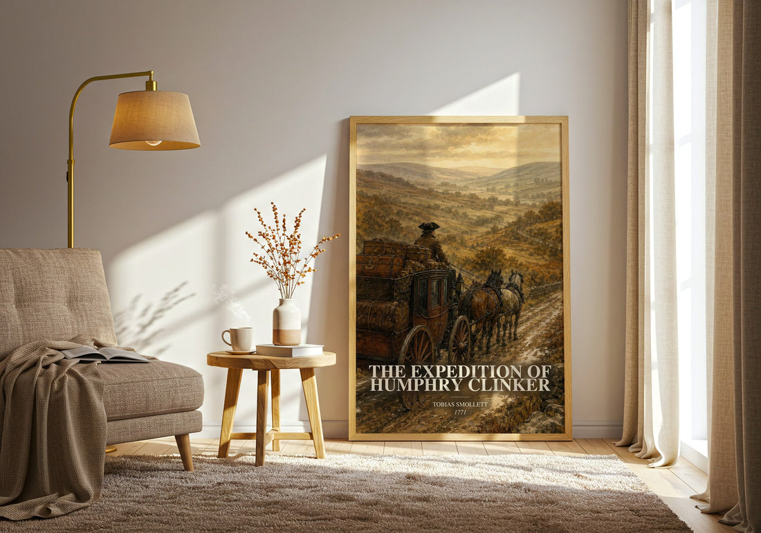 The Expedition of Humphry Clinker watercolour print in frame leaning in hallway – satire wall art