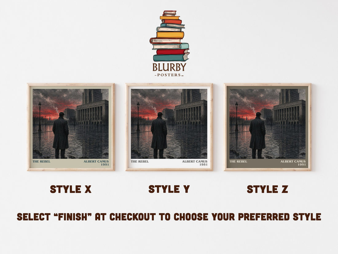 The Rebel literary print in frame leaning in hallway – philosophy wall art (mockup)