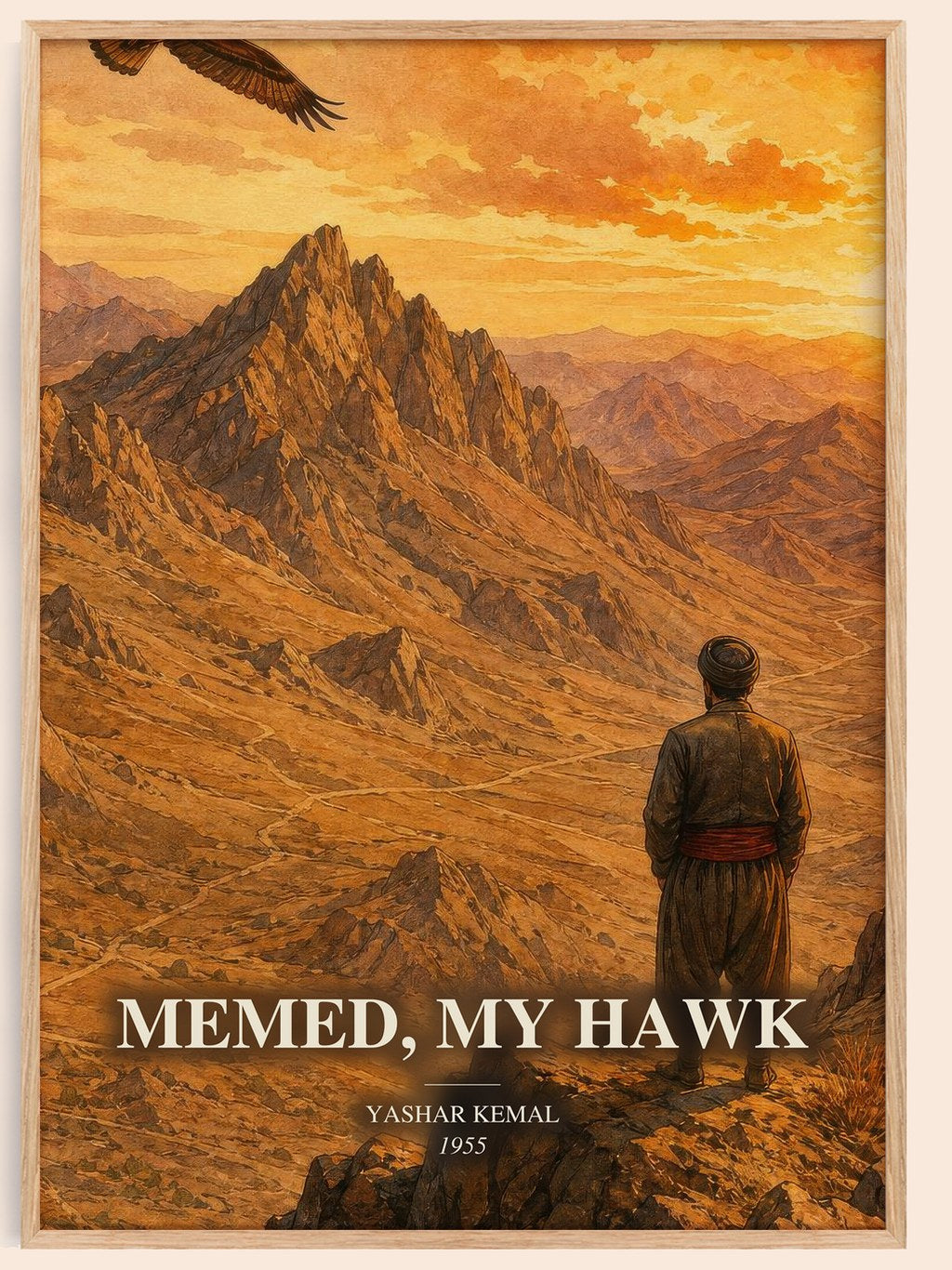 Memed, My Hawk watercolour book poster by Yashar Kemal – framed literary art print