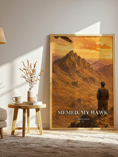 Memed, My Hawk watercolour print in frame leaning in hallway – literary fiction wall art